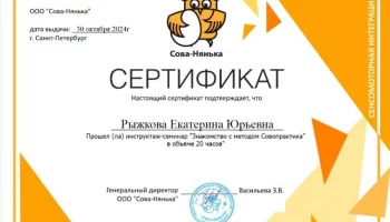 Обучение специалиста ОКУСО "Центр сопровождения и инноваций" Рыжковой Е.Ю., организованное компанией "Сова Нянька"